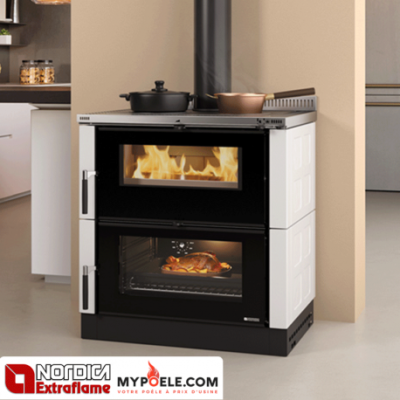 Cuisinière à bois Verona XXL Maiolica 7 kW – La Nordica Extraflame : Revêtement en faïence ou pierre, livraison rapide, foyer en fonte, four avec soupape d’excès de vapeur